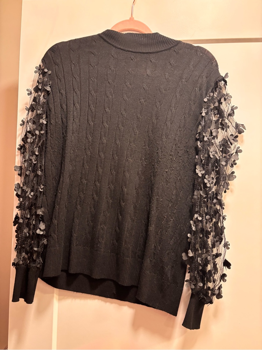 Absolutely Famous Black Cable Knit Sweater with Floral Mesh Sleeves